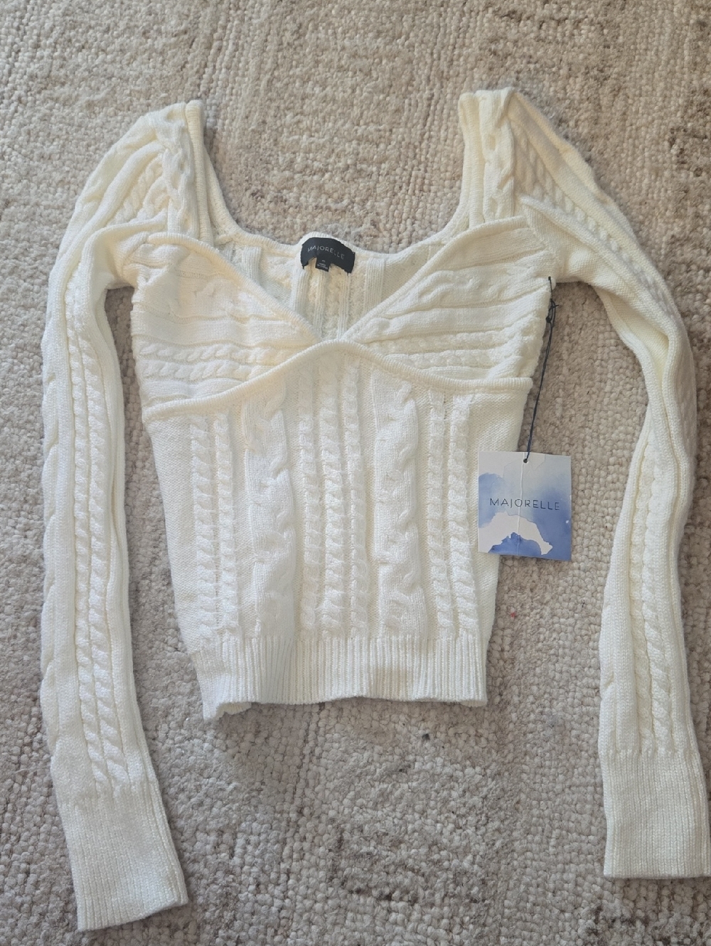 MAJORELLE Cream Cable-Knit V-Neck Sweater